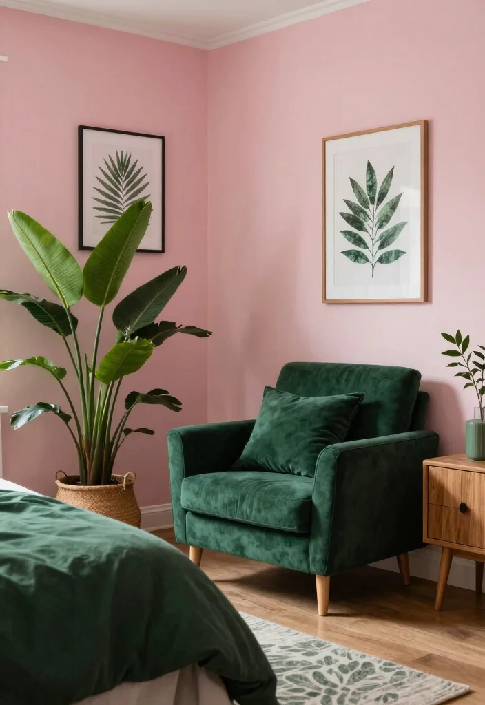 15 Sulking Room Pink Bedroom Ideas: Moody Chic Drama - 5. Accents of Deep Green 1