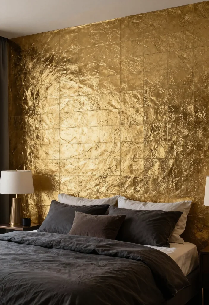 15 Tiles for Bedroom Wall Ideas with a Modern Textured Finish - 10. Metallic Textured Tiles for a Glamorous Touch 1