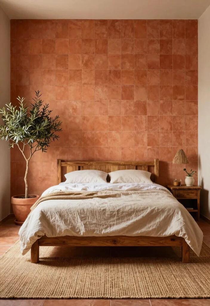 15 Tiles for Bedroom Wall Ideas with a Modern Textured Finish - 13. Clay Tiles for a Mediterranean Flair 1