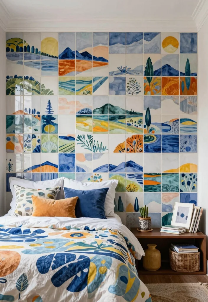 15 Tiles for Bedroom Wall Ideas with a Modern Textured Finish - 14. Creative Art Tiles for Unique Expression 1