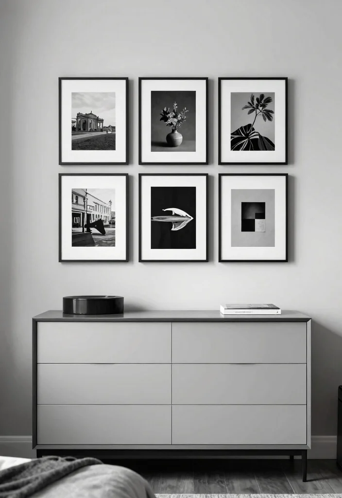 16 Bedroom Chest of Drawers Decor Ideas Polished Styling - 16. Monochrome Art Display 1