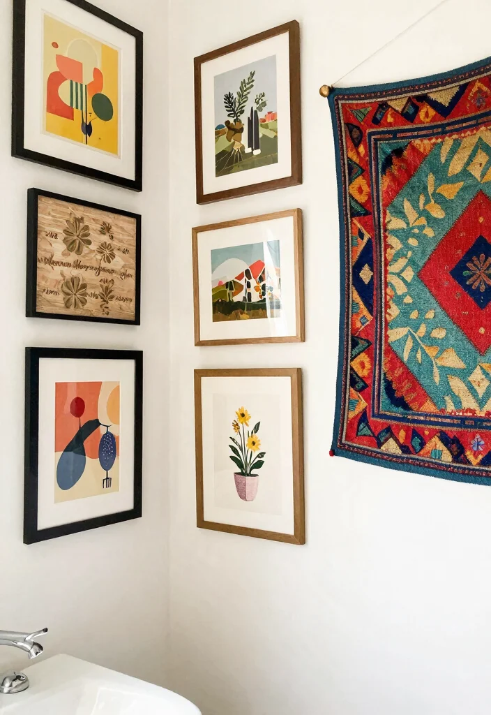 16 Colorful Bathroom Decor Ideas To Brighten The Space - 12. Eclectic Wall Art 1