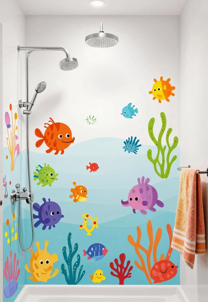 16 Cute Bathroom Ideas With Playful Personality - 10. Playful Shower Wall Decals 1