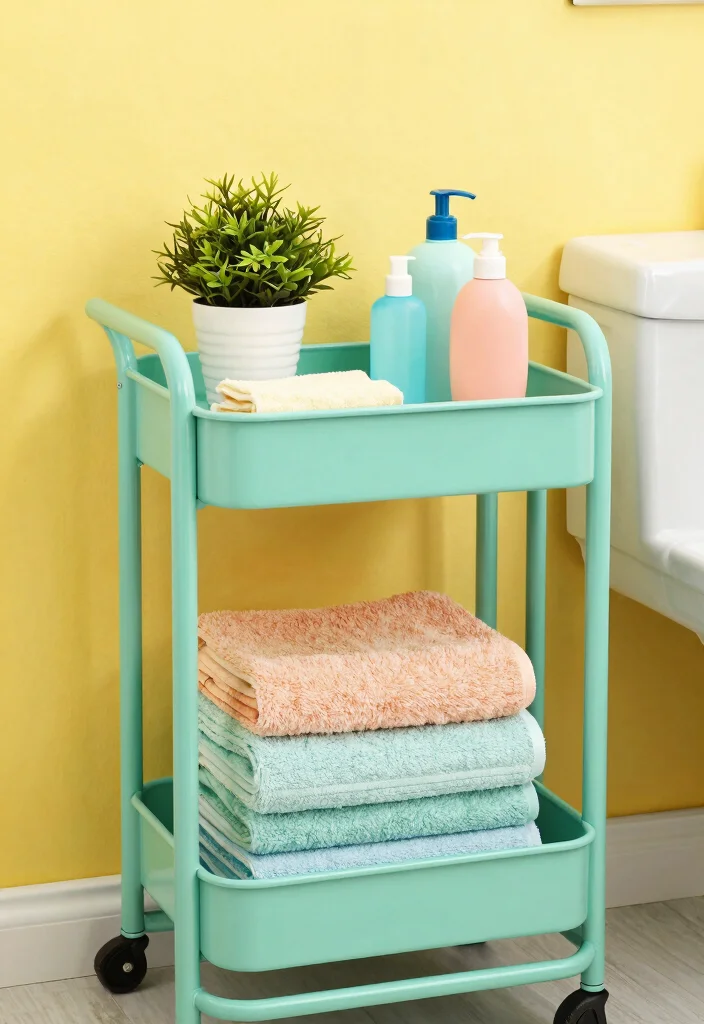 16 Cute Bathroom Ideas With Playful Personality - 9. Charming Storage Carts 1