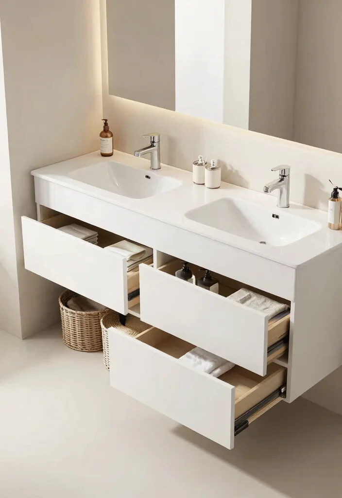 16 Floating Double Vanity Bathroom Ideas For Modern Homes - 9. Compact and Clever Storage 1