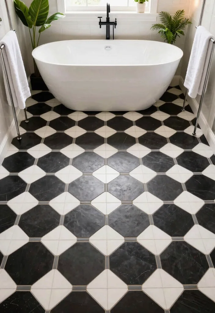 16 Hexagon Floor Tile Bathroom Ideas With Geometric Style - 1. Bold Black and White Contrast 1