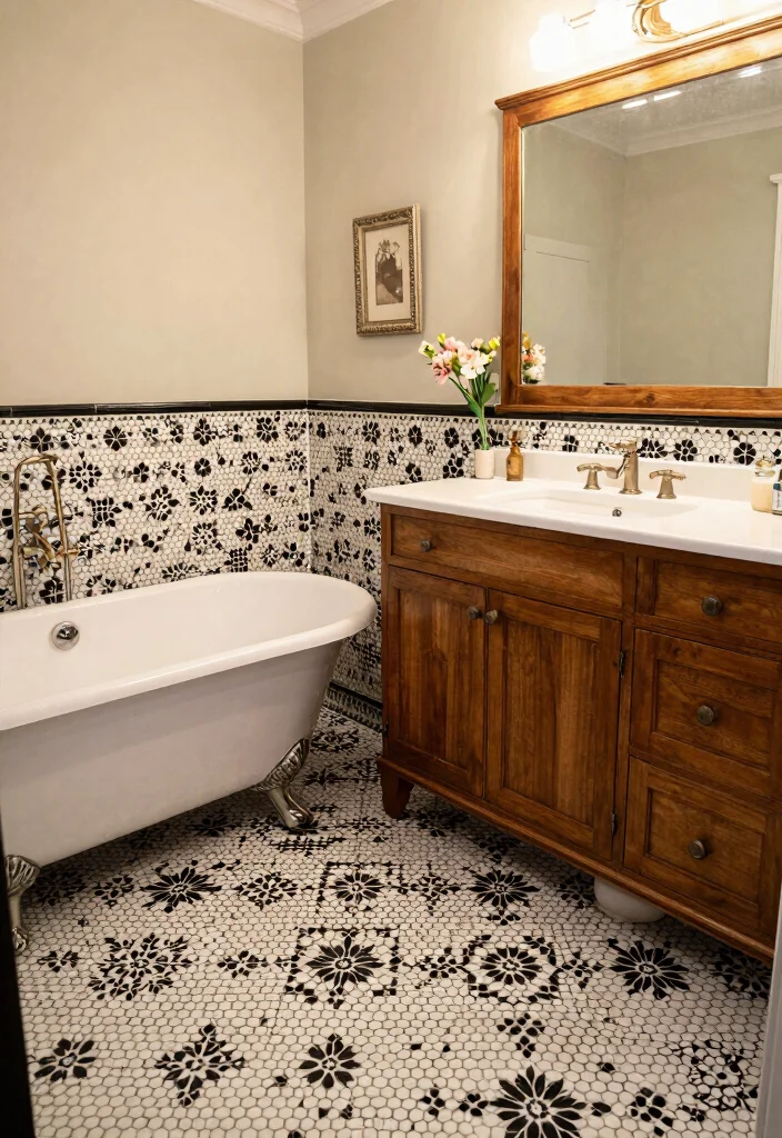 16 Hexagon Floor Tile Bathroom Ideas With Geometric Style - 10. Vintage Vibes 1