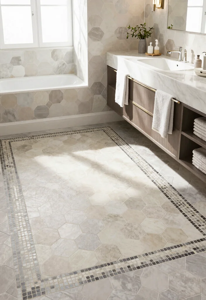 16 Hexagon Floor Tile Bathroom Ideas With Geometric Style - 12. Creative Border Designs 1