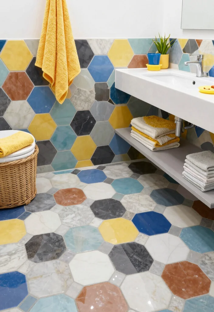 16 Hexagon Floor Tile Bathroom Ideas With Geometric Style - 13. Mix and Match 1