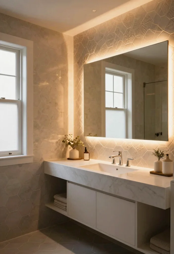 16 Hexagon Floor Tile Bathroom Ideas With Geometric Style - 15. Layered Lighting 1