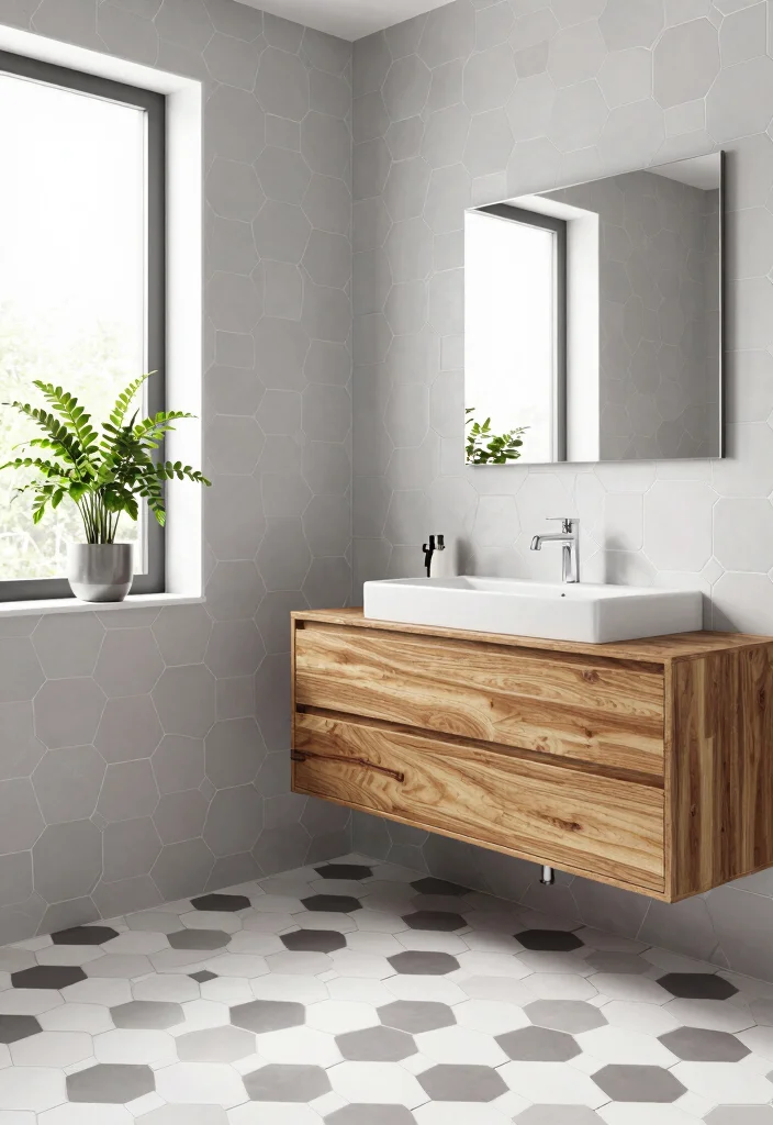 16 Hexagon Floor Tile Bathroom Ideas With Geometric Style - 5. Geometric Wall Accents 1