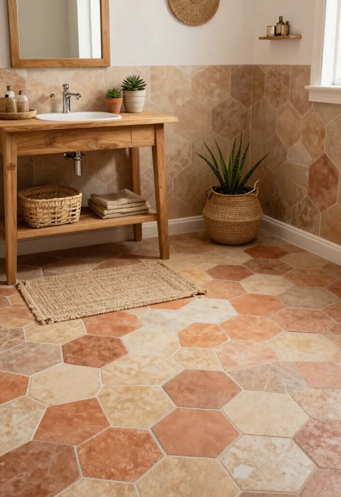 16 Hexagon Floor Tile Bathroom Ideas With Geometric Style - 6. Warm Earthy Tones 1