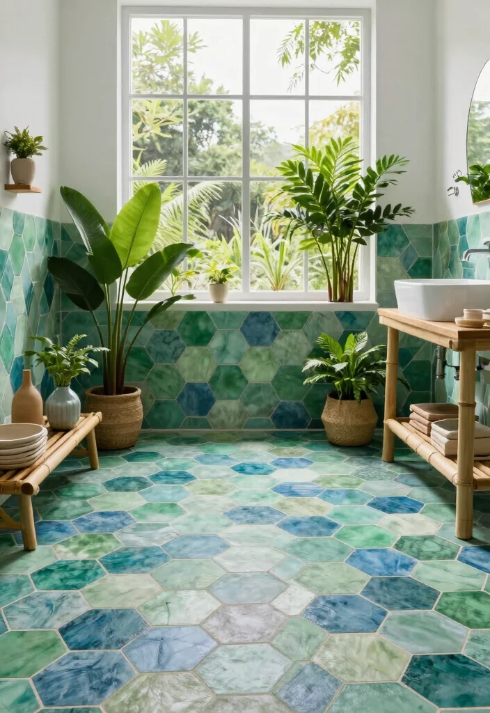 16 Hexagon Floor Tile Bathroom Ideas With Geometric Style - 8. Outdoor-Inspired Looks 1
