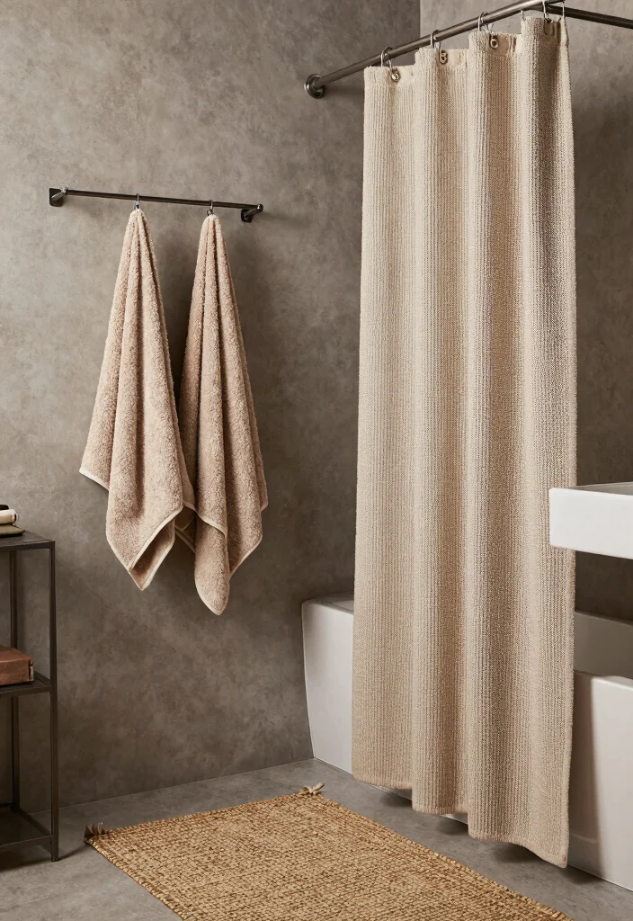 16 Industrial Bathroom Ideas With Urban Edge - 12. Textured Fabrics 1