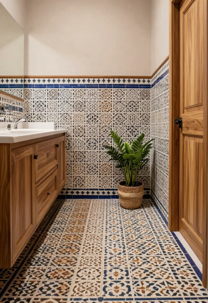 16 Moroccan Tile Bathroom Ideas With Stunning Patterns - 11. Combining Wood and Tile 1