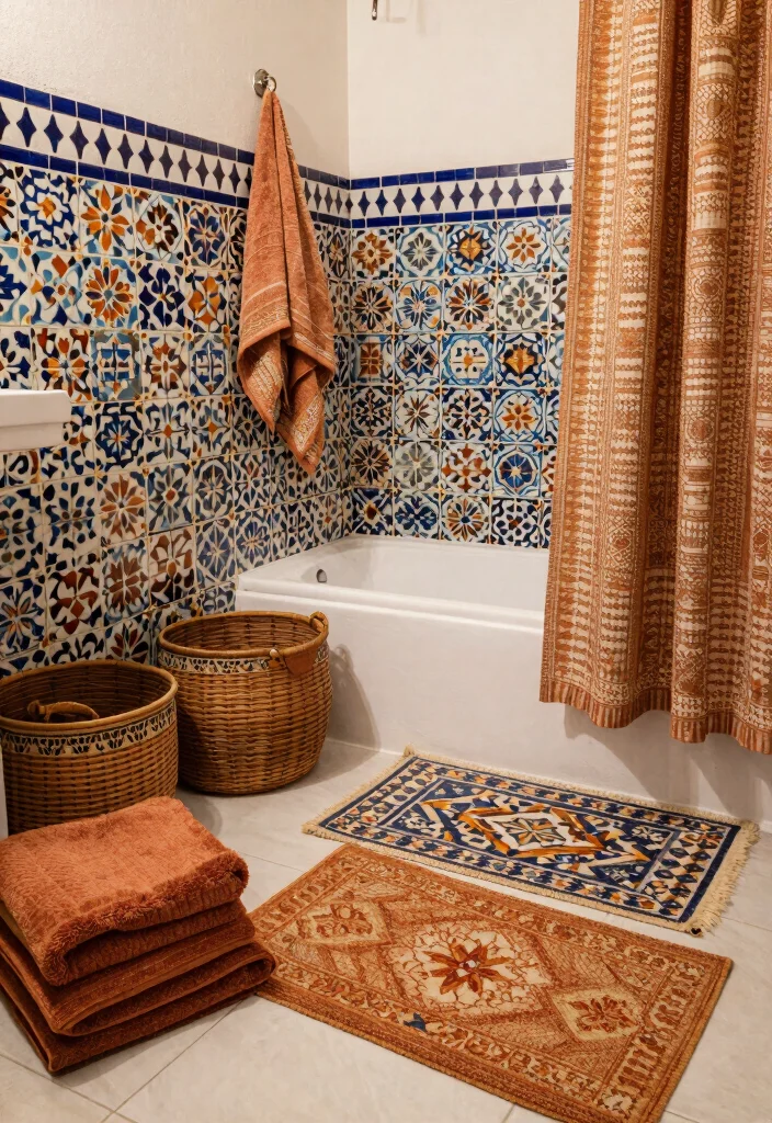 16 Moroccan Tile Bathroom Ideas With Stunning Patterns - 9. Layered Textiles 1