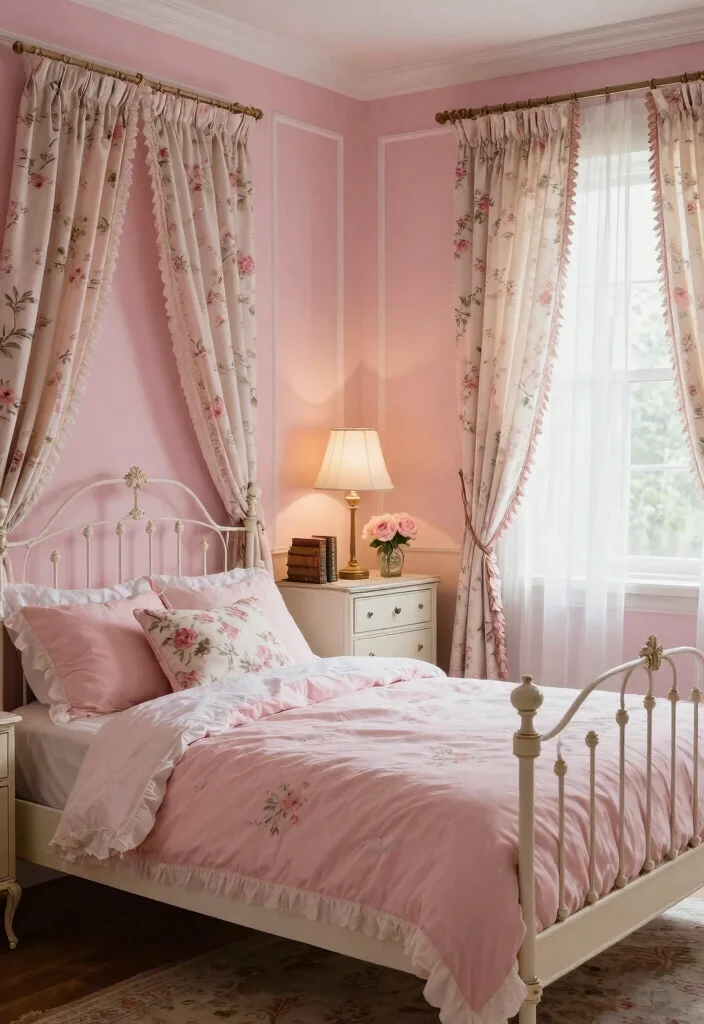 16 Pink and White Bedroom Ideas for a Fresh Feminine Look - 1. Vintage Charm with Floral Accents 1