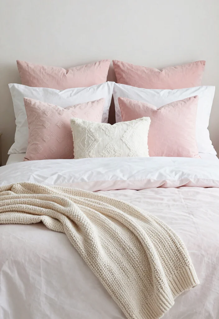 16 Pink and White Bedroom Ideas for a Fresh Feminine Look - 15. Layering with Throws and Pillows 1