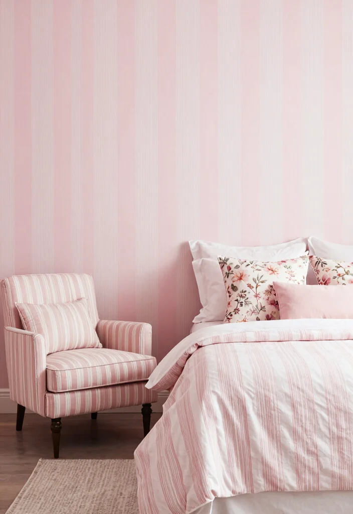 16 Pink and White Bedroom Ideas for a Fresh Feminine Look - 7. Subtle Stripes and Patterns 1