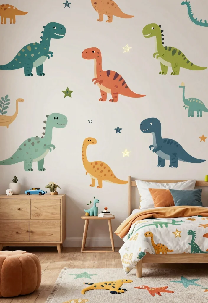 16 Wallpaper for Kids Bedroom Ideas Playful Creative Style - 10. Playful Dinosaurs 1