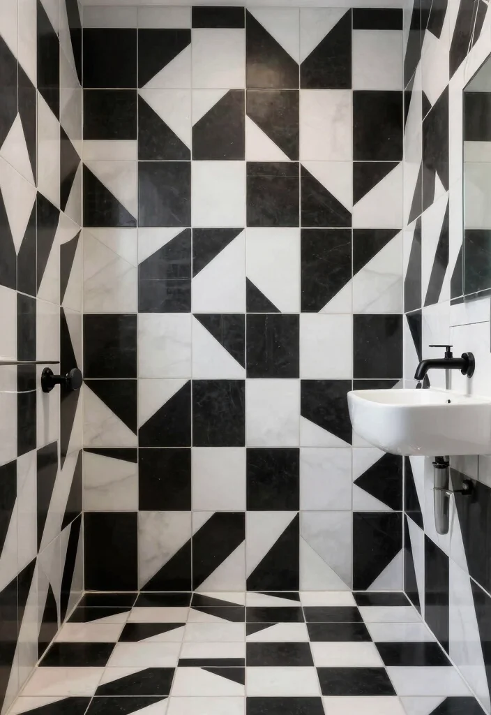 16 White And Black Tile Bathroom Ideas With Classic Contrast - 13. Geometry Meets Elegance 1