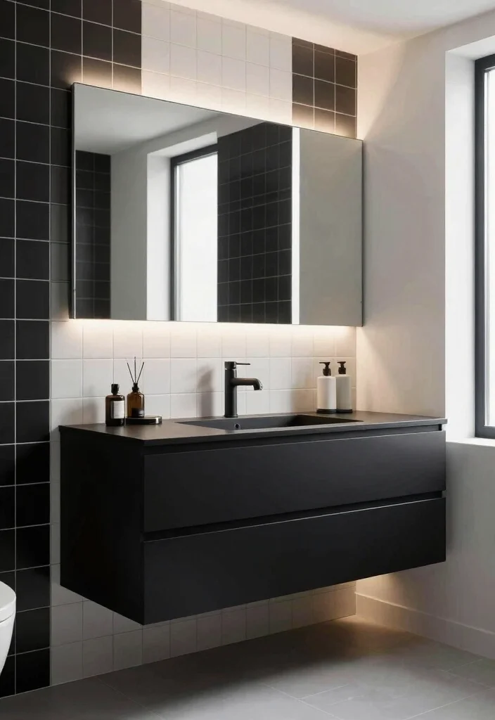 16 White And Black Tile Bathroom Ideas With Classic Contrast - 14. Minimalistic Floating Vanities 1