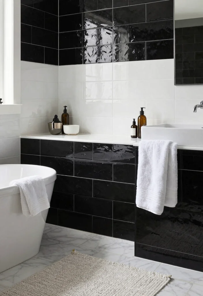16 White And Black Tile Bathroom Ideas With Classic Contrast - 15. Layered Textures 1