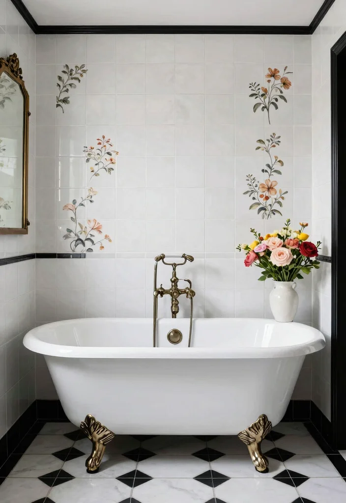 16 White And Black Tile Bathroom Ideas With Classic Contrast - 3. Vintage Floral Accents 1