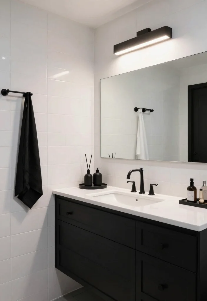 16 White And Black Tile Bathroom Ideas With Classic Contrast - 8. Bold Black Accents 1