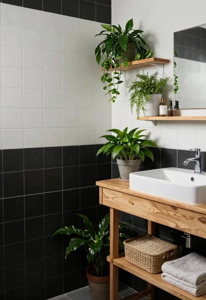 16 White And Black Tile Bathroom Ideas With Classic Contrast - 9. Nature-Inspired Elements 1
