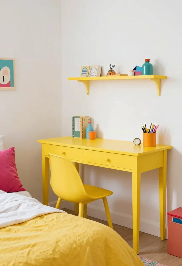 17 Bedroom With Desk Layout Ideas for Smart Work Sleep Balance - 11. Bright and Cheerful Color Schemes 1