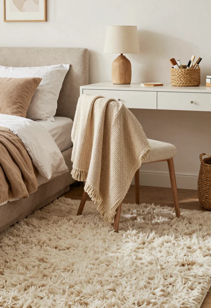 17 Bedroom With Desk Layout Ideas for Smart Work Sleep Balance - 12. Textured Accessories for Warmth 1