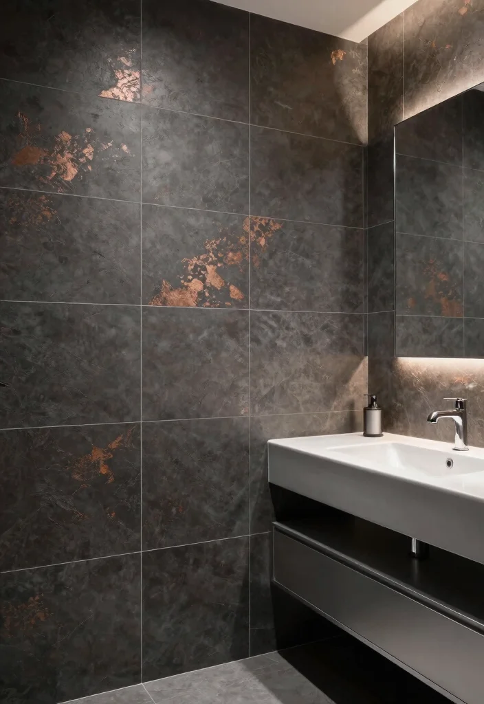 17 Big Bathroom Tile Ideas For Dramatic Impact - 10. Metallic Accents 1