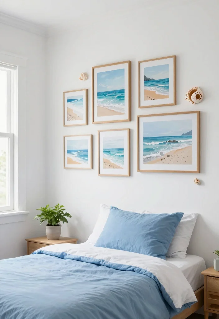 17 Blue Color Drenched Bedroom Ideas Bold Cozy Impact - 5. Coastal Art Display 1