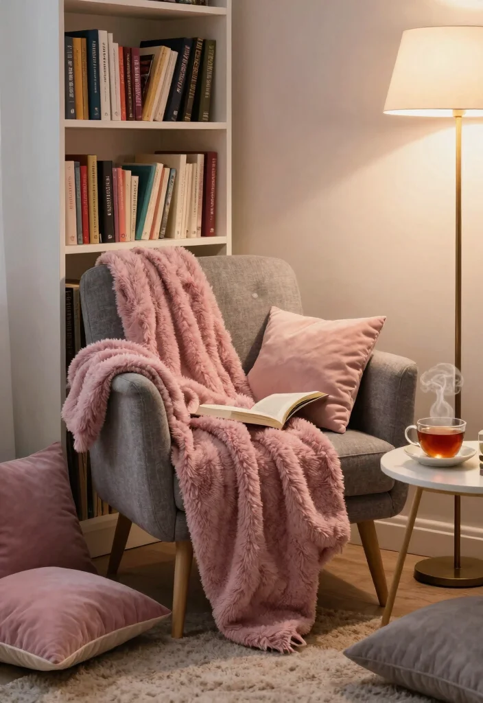 17 Dusty Pink and Grey Bedroom Ideas: Soft Modern Balance - 10. Create a Cozy Reading Nook 1