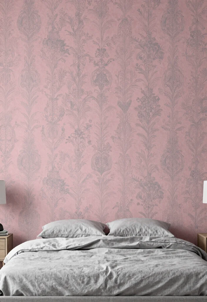 17 Dusty Pink and Grey Bedroom Ideas: Soft Modern Balance - 11. Accent Wall with Wallpaper 1