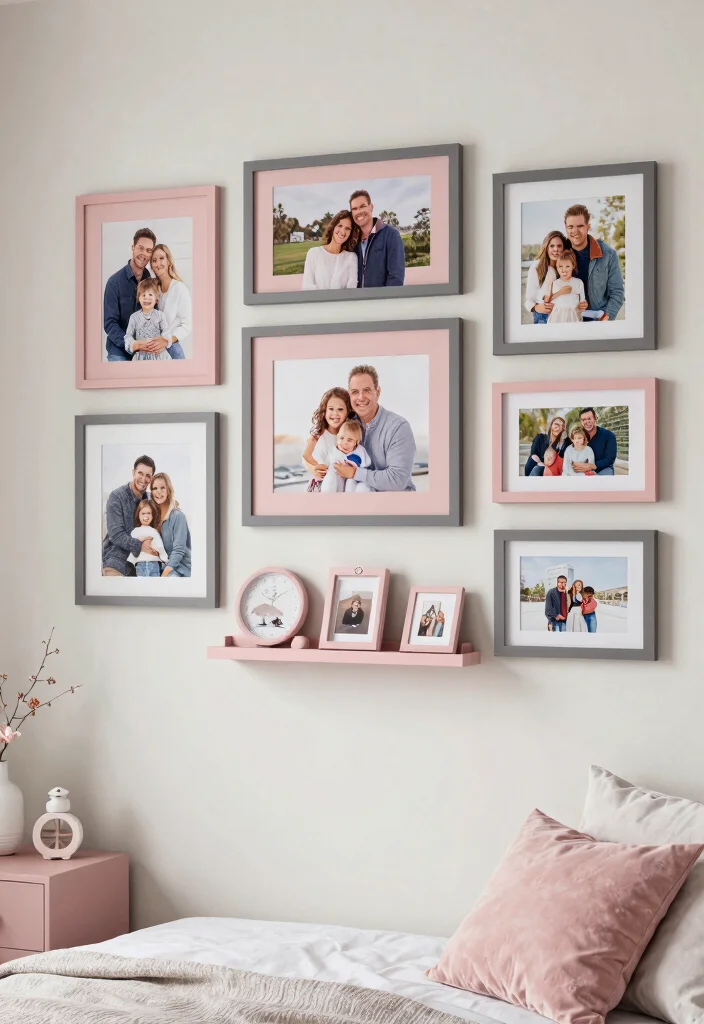 17 Dusty Pink and Grey Bedroom Ideas: Soft Modern Balance - 15. Personal Touches: Family Photos and Mementos 1