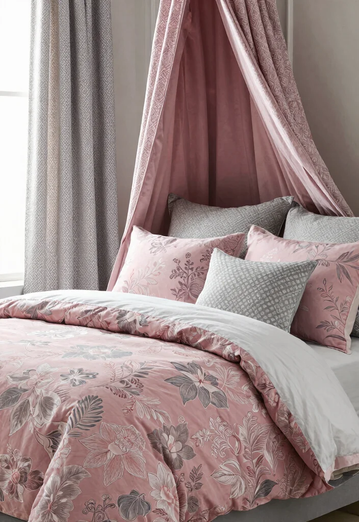 17 Dusty Pink and Grey Bedroom Ideas: Soft Modern Balance - 16. Blend of Patterns: Mixing and Matching 1