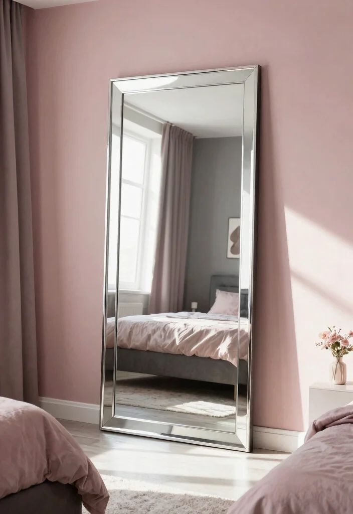 17 Dusty Pink and Grey Bedroom Ideas: Soft Modern Balance - 17. Utilize Mirrors for Depth 1