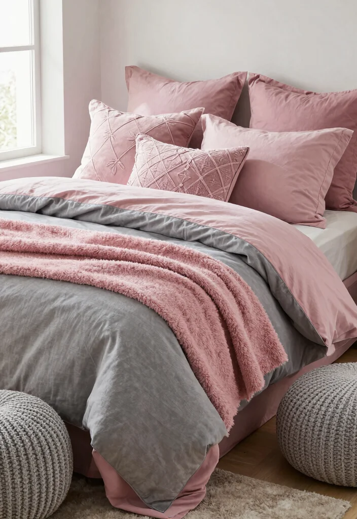 17 Dusty Pink and Grey Bedroom Ideas: Soft Modern Balance - 2. Layered Textiles for Comfort 1