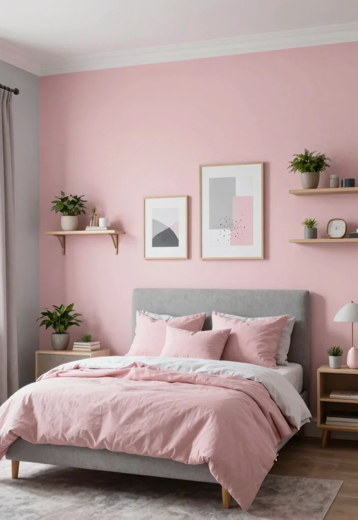 17 Dusty Pink and Grey Bedroom Ideas: Soft Modern Balance - 3. Statement Wall in Dusty Pink 1