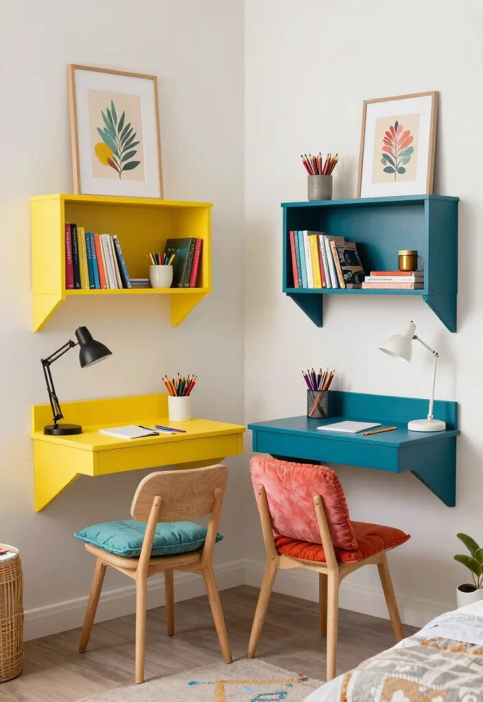17 Small Bedroom for Two Kids Ideas: Fun Functional Layouts - 2. Wall-Mounted Desks for a Study Nook 1