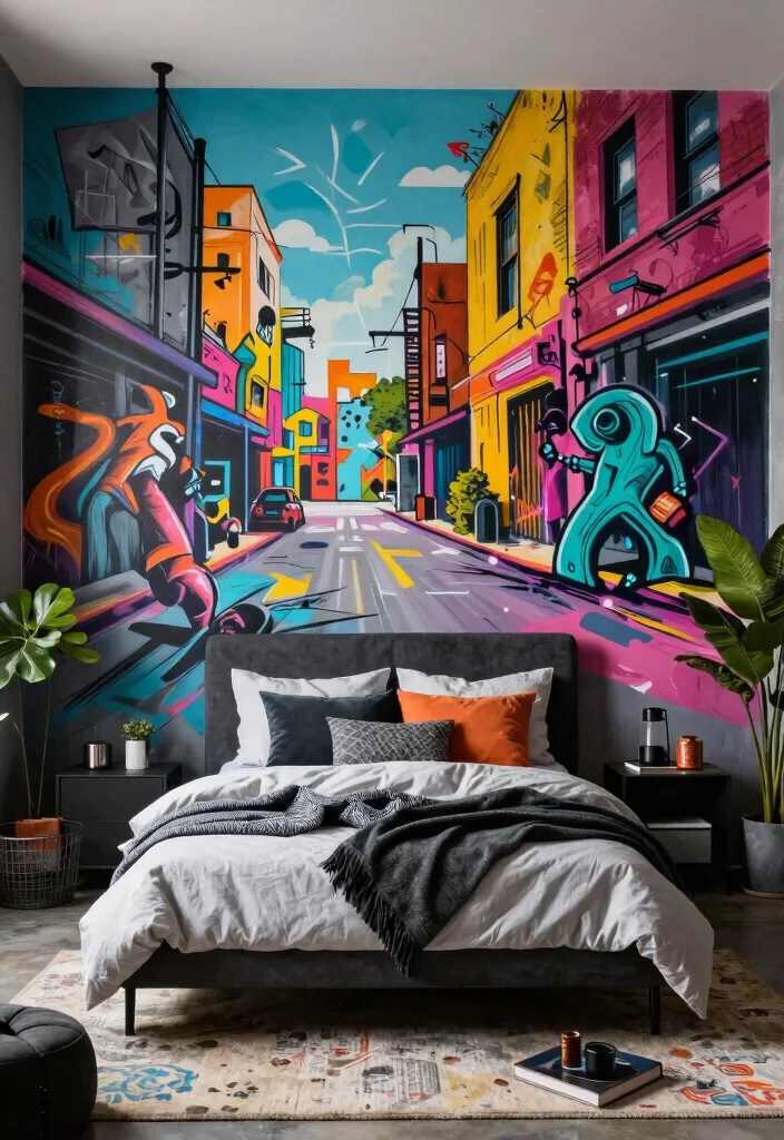 18 Bedroom Wall Mural Ideas for Artistic Statement Spaces - 12. Urban Street Art 1