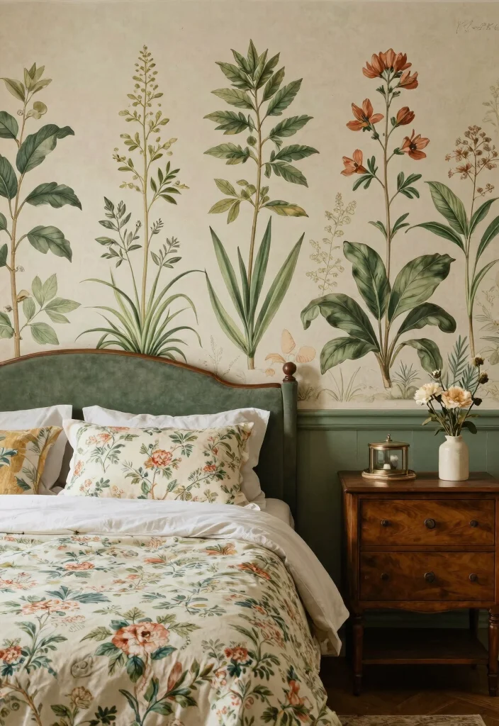 18 Bedroom Wall Mural Ideas for Artistic Statement Spaces - 6. Vintage Botanical Prints 1