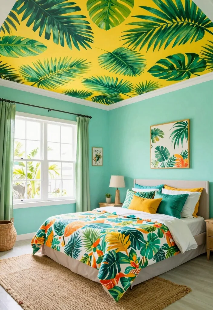 18 Painted Ceiling Ideas Bedroom: Bold Modern Finish - 6. Tropical Vibes 1