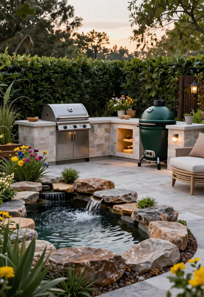 12 Big Green Egg Outdoor Kitchen Ideas That Protect Your Grill - 2. Integrated Water Features 1