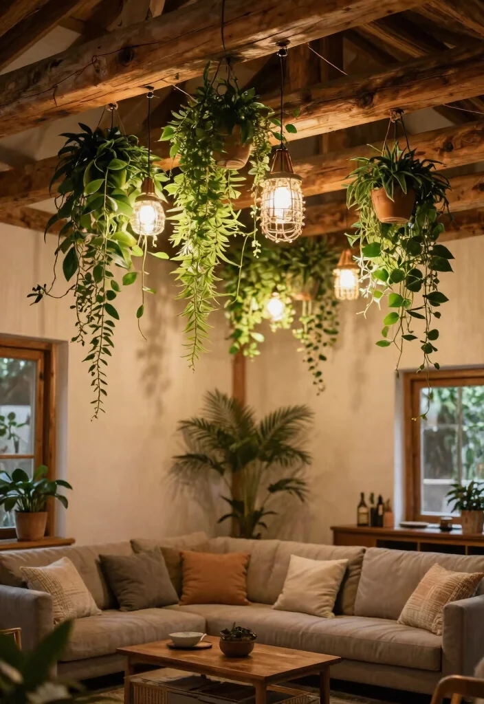 12 Ceiling Hanging Light Concepts That Convert From Existing Fixtures - 12. Natural Wood Beams as Plant Supports 1