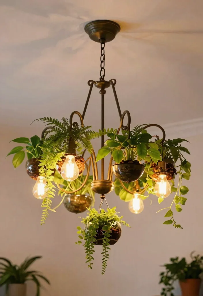 12 Ceiling Hanging Light Concepts That Convert From Existing Fixtures - 3. Reimagined Chandelier for Plant Display 1