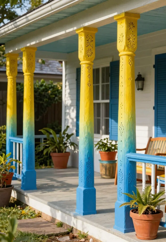 12 Front Porch Post Concepts That Boost Curb Appeal on a Budget - 3. Painted Patterned Posts 1