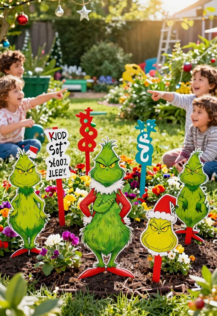 12 Grinch Outdoor Christmas Decoration Ideas Kids Spot From the Street - 10. Grinch Garden Stakes 1